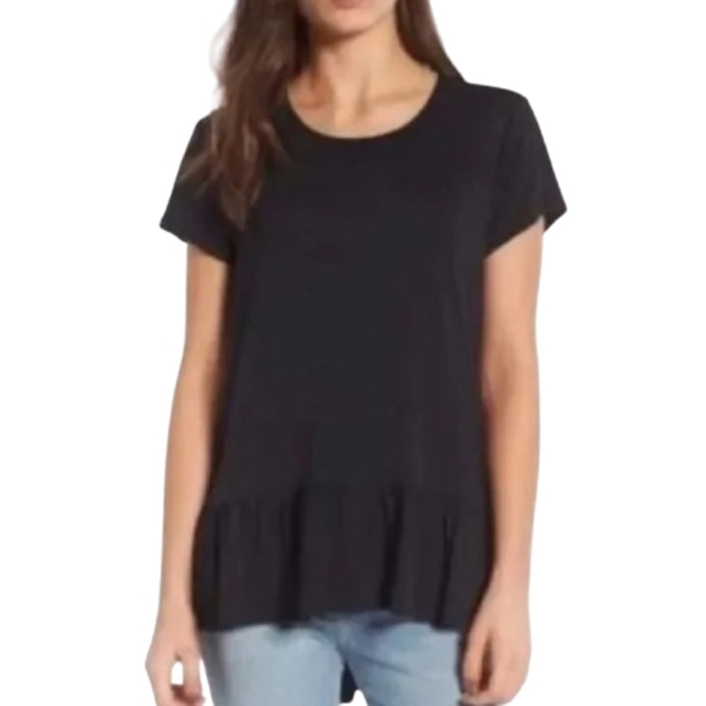 Chelsea 28 Short Sleeve Black High-Low Ruffle Hem Top Size XS Super Soft & Comfy